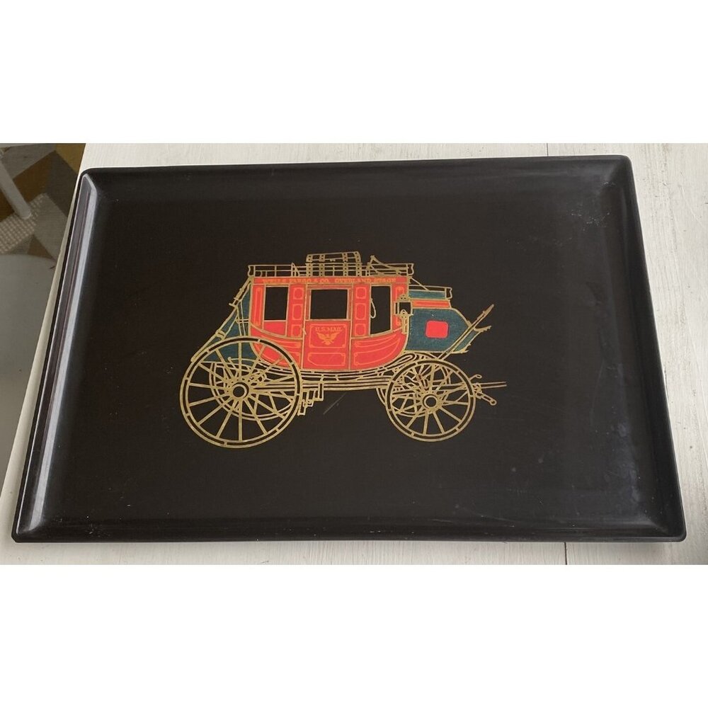 COUROC WELLS FARGO STAGECOACH TRAY 12 x 18 VINTAGE WOOD AND BRASS INLAY
